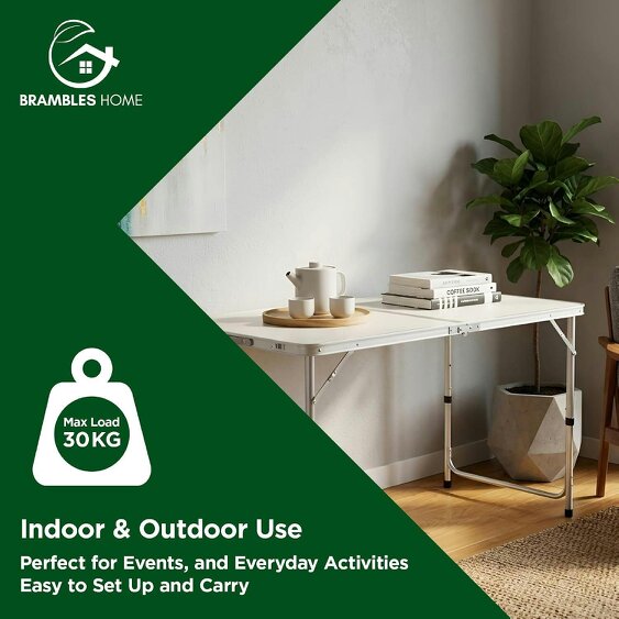 Brambles Home Portable Folding Table 4ft Adjustable Height Camping Table Foldable Outdoor Garden Table with Carry Handle