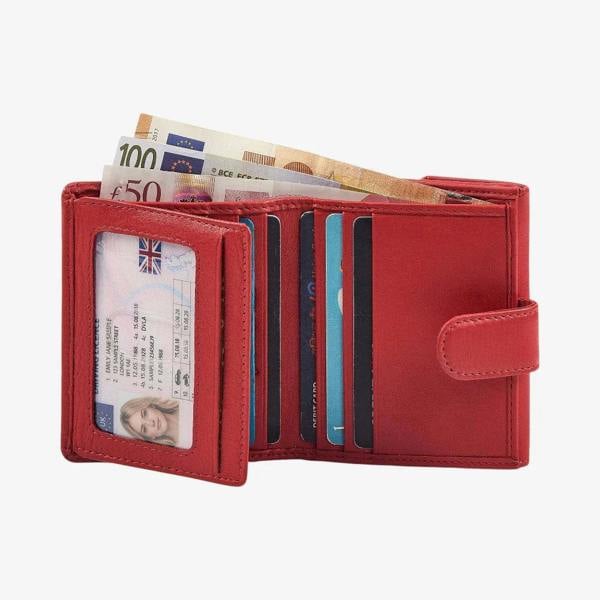 Real leather women's purse in red with six card slots 