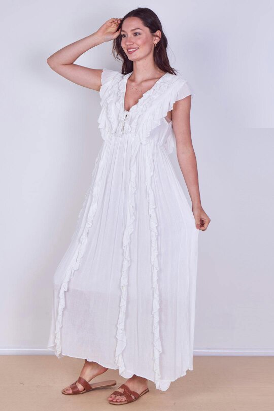 Elaina Fashion Boho Ruffle Detail Maxi Dress with Tie Neck – One Size (UK 8–14)