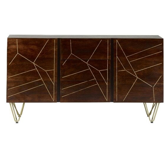 Wyld Haus Bandung Dark Mango Wood and Gold Large Sideboard 3 Drawers 2 Doors