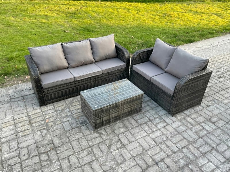 Fimous 5 Seater Rattan Wicker Garden Furniture Patio Conservatory Sofa Set with Rectangular Coffee Table 3 Seater Sofa Love Sofa
