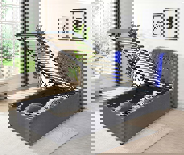 Comfy Living Fabric Gas lift Bedframe LED Headboard Grey Green 3ft 4ft6 5ft Bedroom Furniture