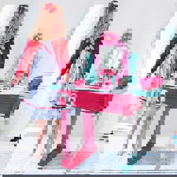 deAO Toys 2-in-1 Portable Vanity Dressing Table and Convertible Suitcase Role Play Set with Accessories Included