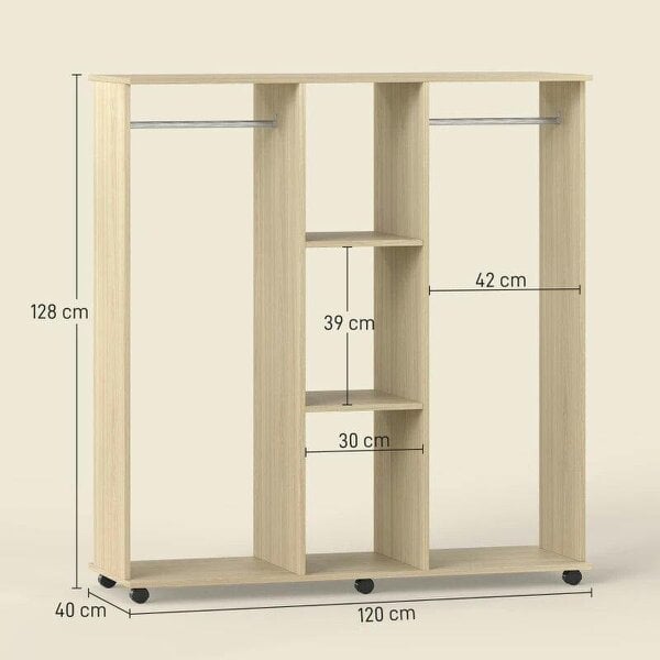 Open Wardrobe Double Mobile Storage Shelves Organizer W/6 Wheels-Natural