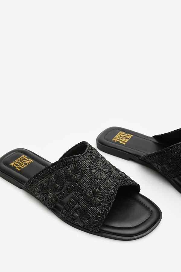 Where's That From Alaska Women's Jute Floral Embroidery Flat Sandals in Black Raffia