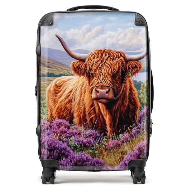 Warren Reed Highland Cow Amongst Heather Suitcase