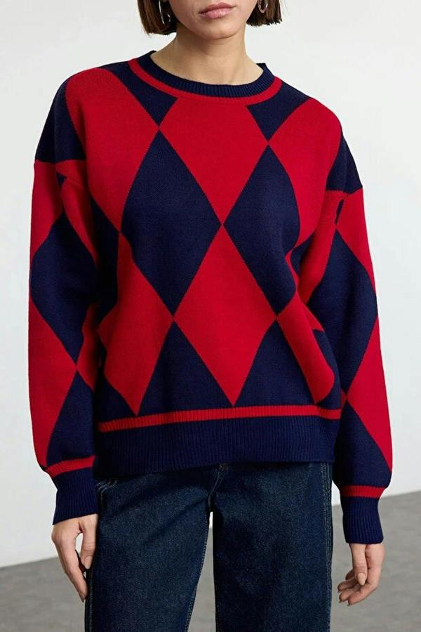 WOVCOR Patterned Crew Neck Knit Sweater
