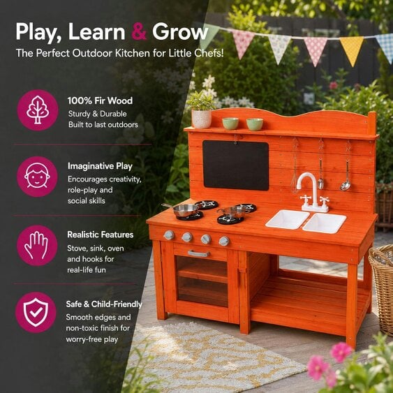 Neo Red Wooden Outdoor Mud Kitchen Kids Garden Play Double Sink