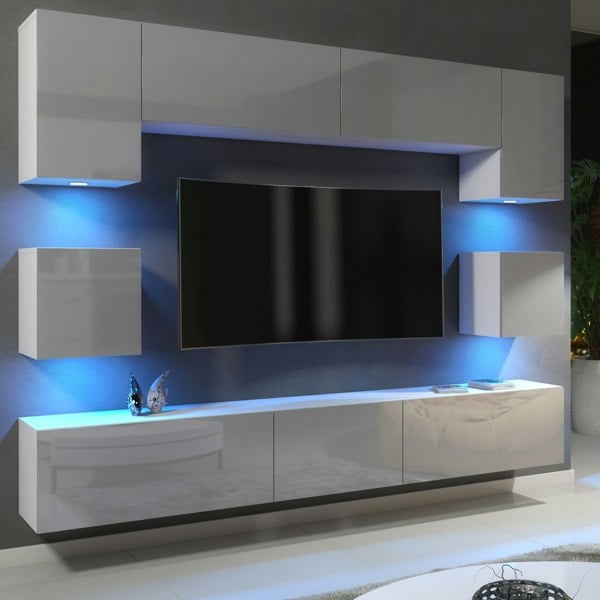 Mex Furniture Modern Wall TV Unit 9 Elements – White Matt Body and Grey Gloss Doors – Free RGB LED