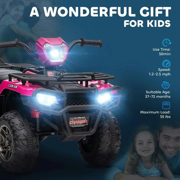 Pink kids quad bike with bright LED headlights and four rugged wheels