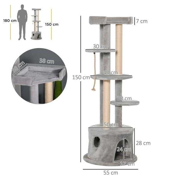 Grey cat tree size diagram with plush perches, condo, and hanging rope