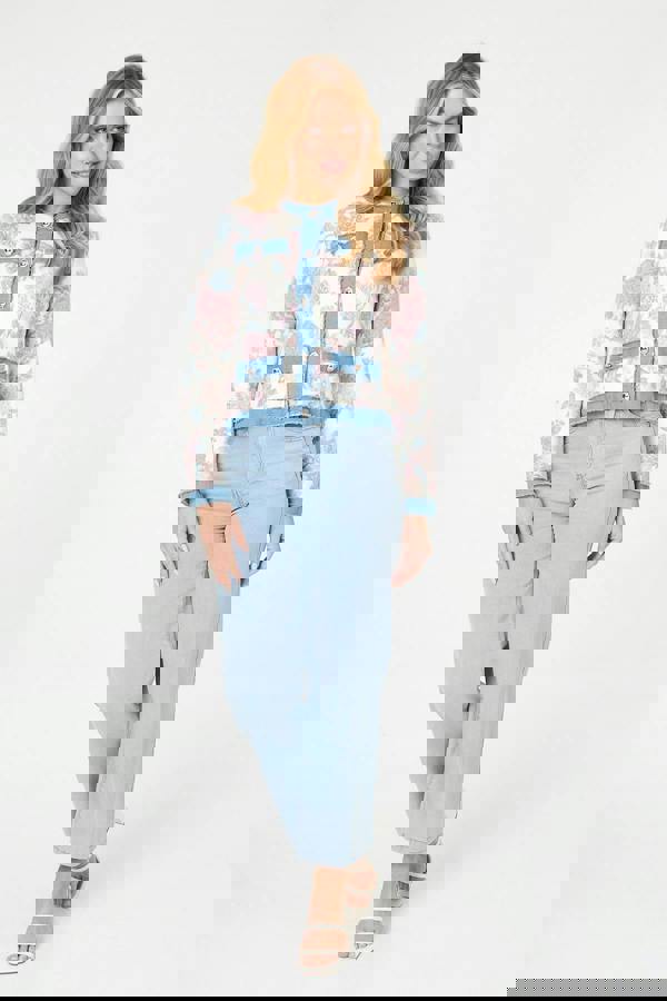 White | Floral Denim Trim Button Detail Jacket