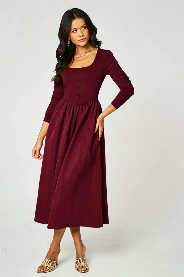 FS Collection Burgundy Square Neck Button-Front Long Sleeve Midi Dress