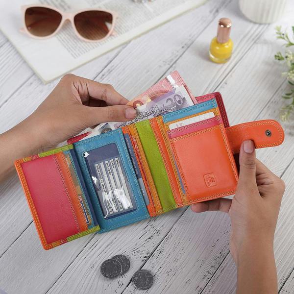 Inside view of Soft green Leather Colourful Purse – Camellia London  with card slots and notes