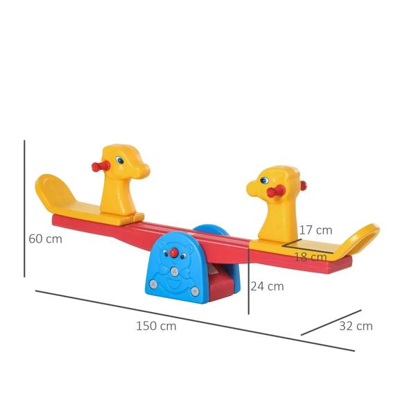 Two-seat teeter totter toy with red rocker board, blue base panel, yellow seats