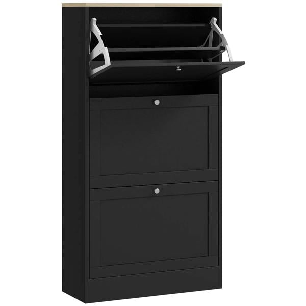 Black shoe storage cabinet with open flip shelves and two front drawers