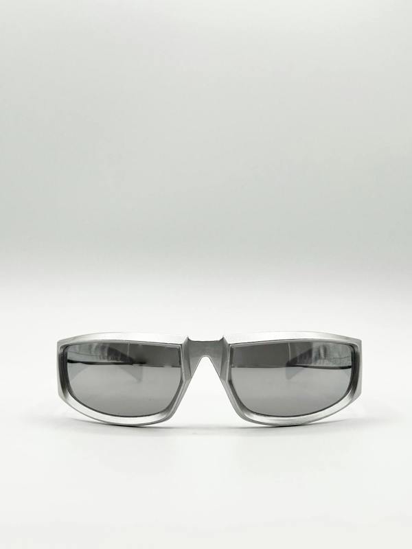 Silver racer style sunglasses with silver lenses - svnx