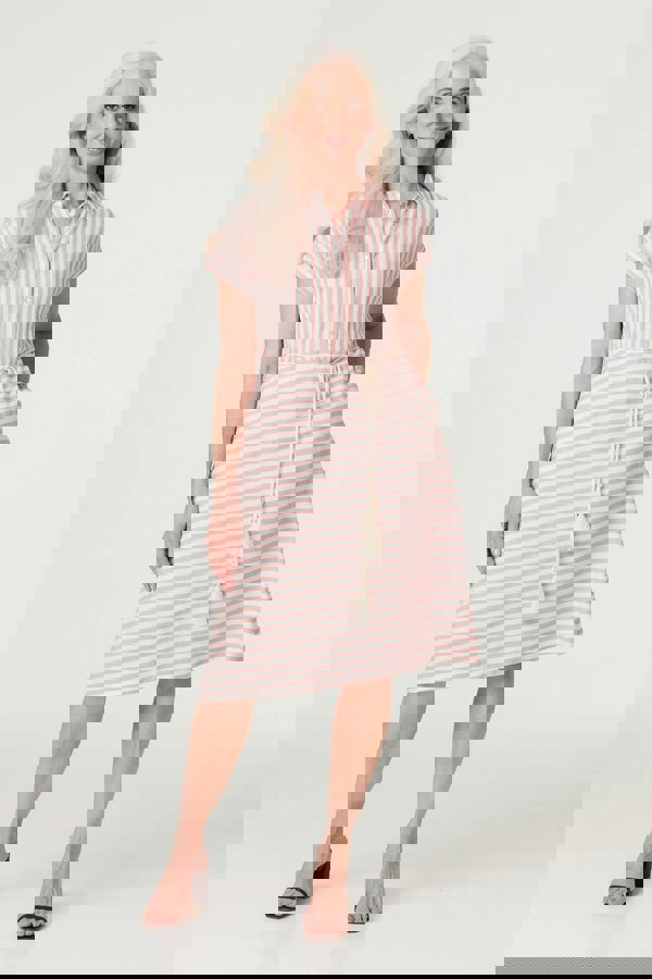 Pink | Striped Tie Waist Knee Length Dress