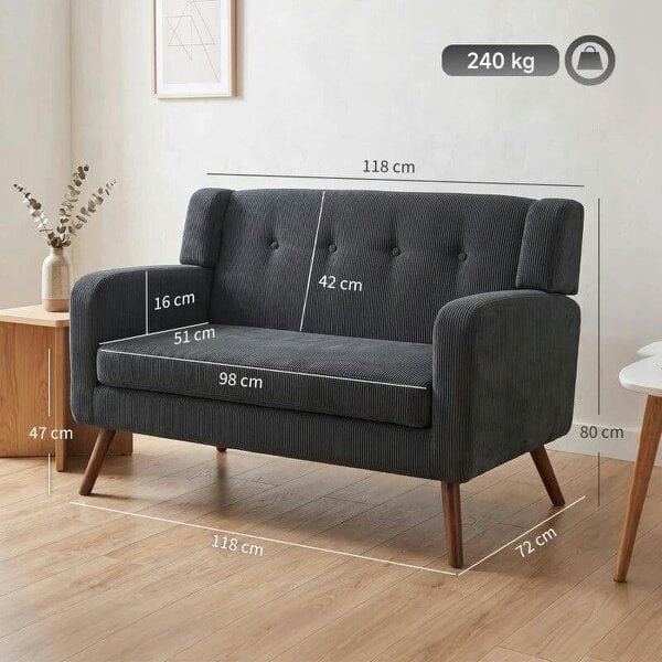 2 Seater Sofa, 118 cm Corduroy Small Loveseat with Spring Cushion, Wood Legs for Small Space, Living Room, Dark Grey