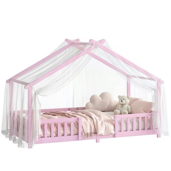 AIYAPLAY Wooden Kids Single House Bed Frame with Dual Guardrails