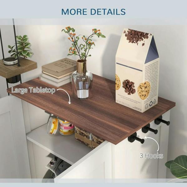 White feeding station with dark tabletop, and three side hooks for pet accessories