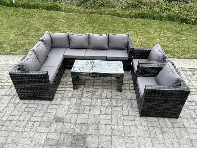Fimous 8 Seater Rattan Corner Sofa Lounge Sofa Set With Rectangular Coffee Table 2 Arm Chair Dark Grey Mixed Left Hand