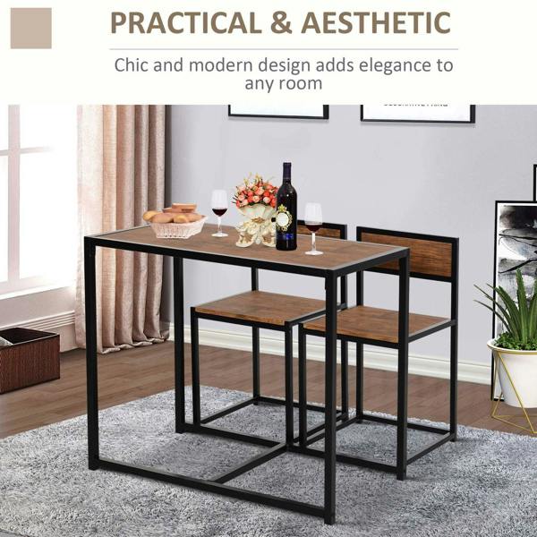 Dining table with two stools, black steel frame and natural wood-look tabletops
