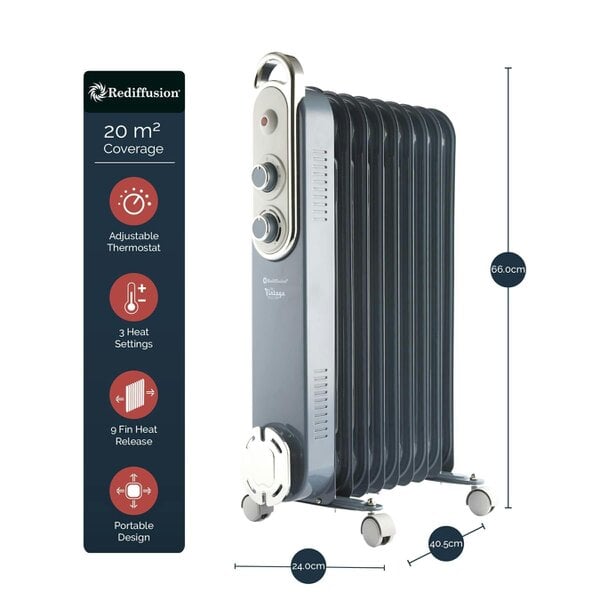 Rediffusion Vintage 9 Fin Oil Filled Radiator 2KW Slate Blue