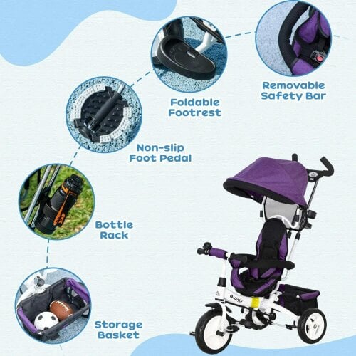 Bobobiy 6 in 1 Kids Trike Push Bike w/ Push Handle, Canopy, 5-point Safety Belt, Storage, Footrest, Brake, for 1-5 Years, Purple