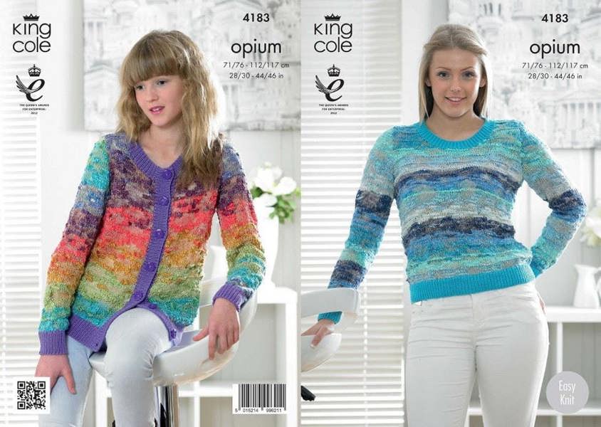 King Cole Opium Knitting Pattern 4183, Cardigans, Sweaters for Kids, Women, 28 inch - 46 inch - Intermediate