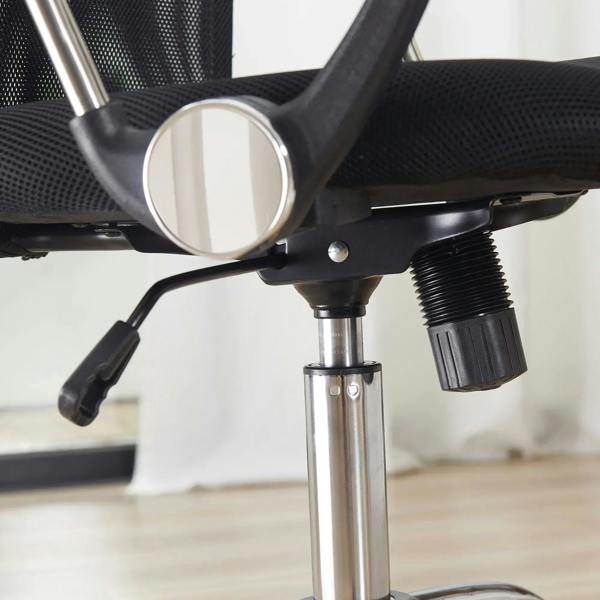 Black and silver office chair height-adjust lever and support column close-up