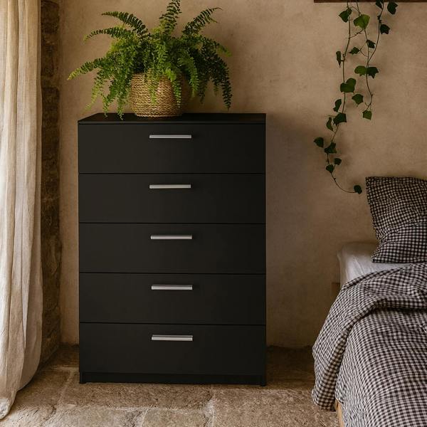 Wyld Haus Daejeon Black Wooden Chest 5 Drawers