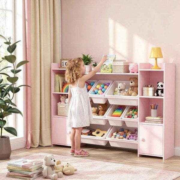 Kids Toy Organizers and Storage with 8 Removable Storage Bins and Bookshelf, Pink - Pink