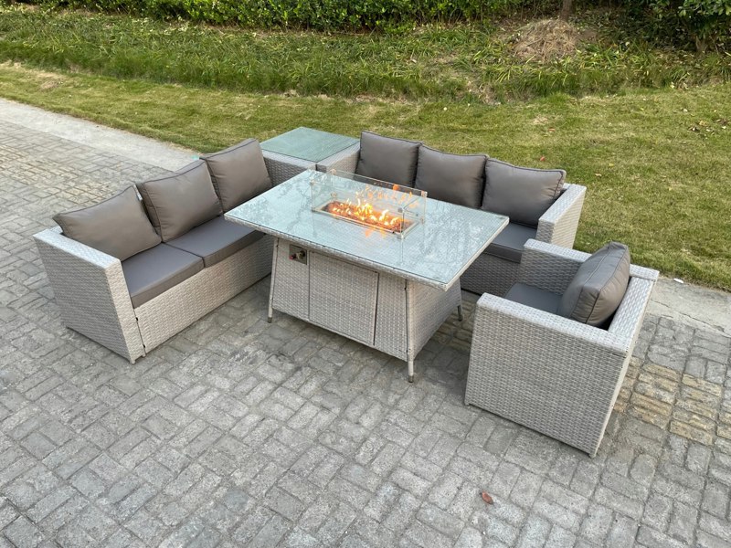 Fimous Rattan Garden Furniture Set with Firepit Dining Table, Corner Sofa, Side Coffee Table and Chair - 7 Seater - Light Grey