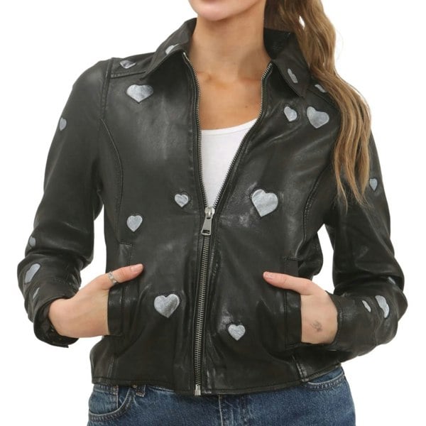 Leather Company Women's Real Leather Shirt Collar Heart Print Jacket