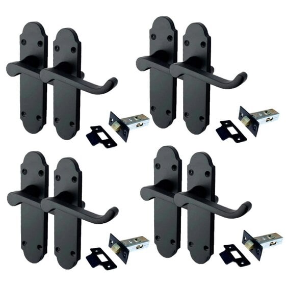 EDH Door Hardware Matt Black Internal Door Handles – 170mm x 42mm – 1, 4 or 6 Pairs – Handle Only or with Tubular Latch - 4 PAIR OF HANDLES + TUBULAR LATCH