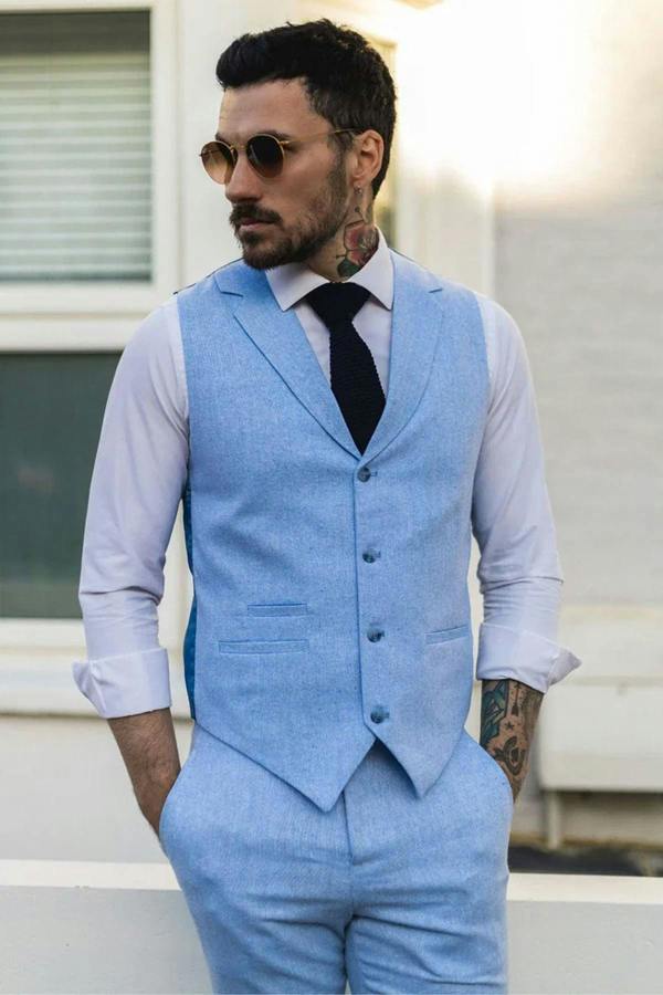Infinity Leather Men's Summer 2 Piece Suit Linen Formal Blue Waistcoat Trousers