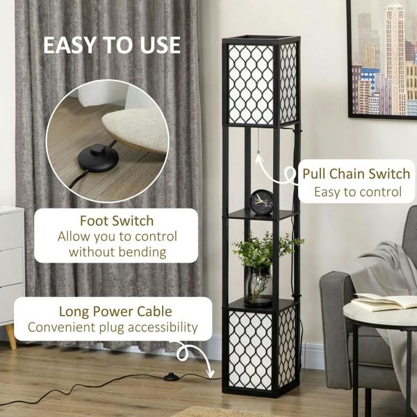 Black floor lamp with pull chain switch, long power cable, and lattice shade shelves.