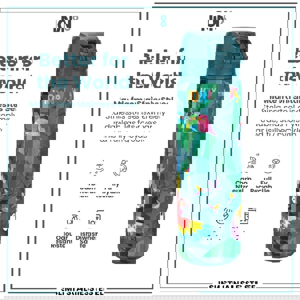 ION8 Leak Proof Slim Water Bottle, Stainless Steel, Exotic Birds, 600ml (20oz)