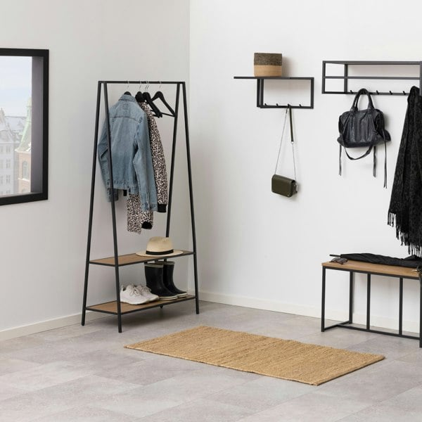 Furniture To Go Seaford Black Metal Clothes Rack with 2 Oak Shelves
