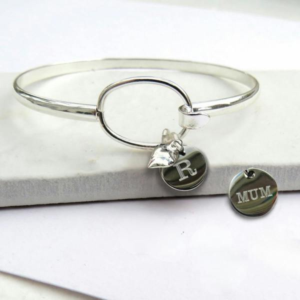 Personalised Silver Loop Heart Charm Bangle