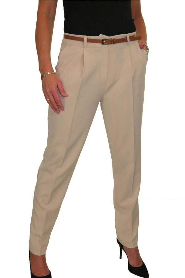 Paulo Due Women's Tapered Leg Smart Belted Trouser Beige