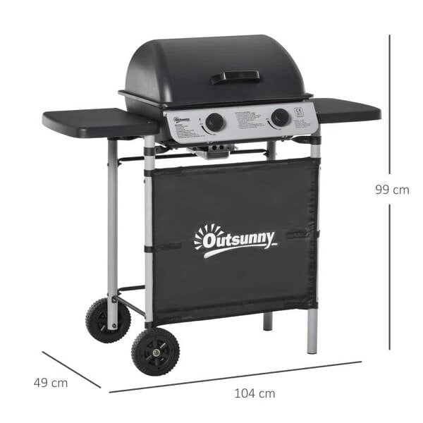 Bobobiy 2 Burner Gas BBQ Trolley with Lid, 5.6 kW Gas Barbecue Grill with Wheels, Side Shelves for Home Patio Garden Party Outdoor Cooking, Black
