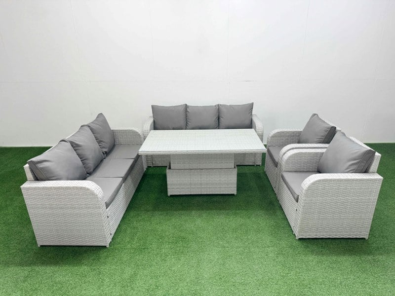 Fimous PE Rattan High Back Lounge Sofa Set Patio Adjustable Lifting Dining or Coffee Table & Chairs Set with 3 Seater Sofa Reclining Chair Light Grey
