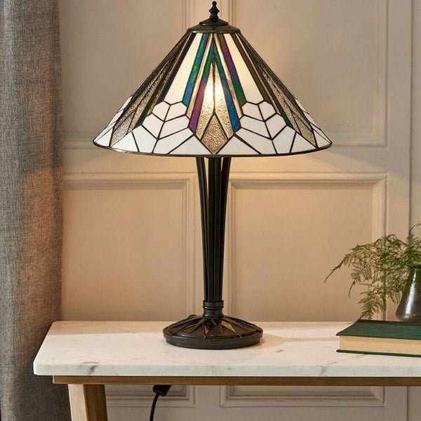 Tiffany Glass Table Lamp Light Black Iridised & Art Deco Textured Shade i00170 Loops