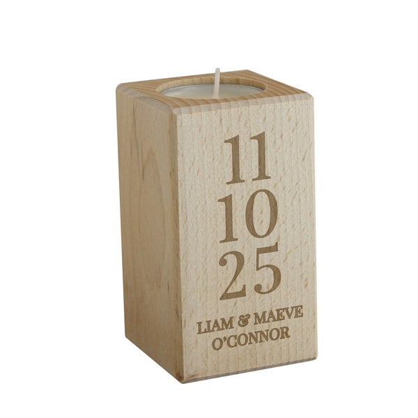 Personalised Memento Company Personalised Anniversary Date Wooden Tealight Holder