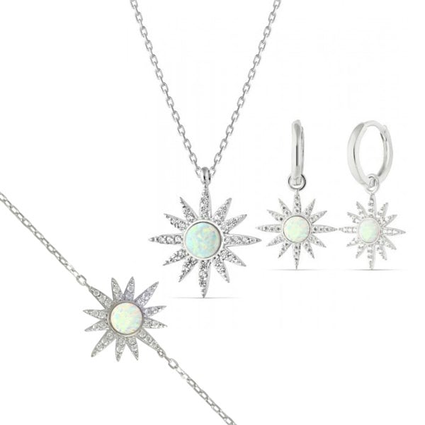 Spero London White Opal Sun Sterling Silver Necklace Earrings and Bracelet Set