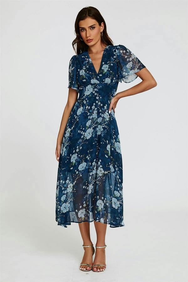 FS Collection Floral Print Midi V neckline Dress In Navy