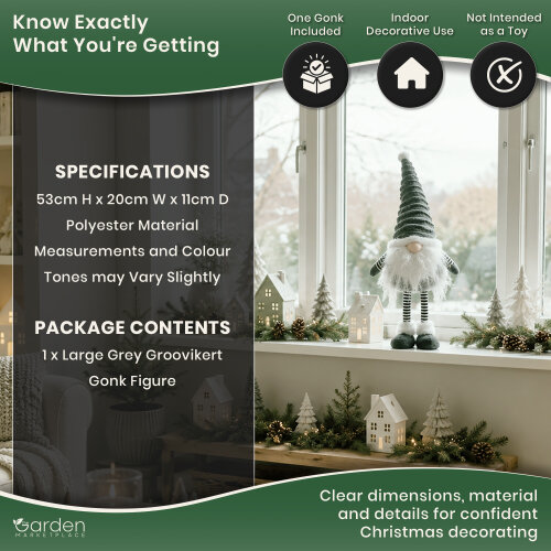 Large Christmas Cute Standing Groovikert Gonk Figure in Grey, Free-Standing Polyester Festive Decoration, Soft Indoor Ornament, 53cm Tall x 20cm Wide