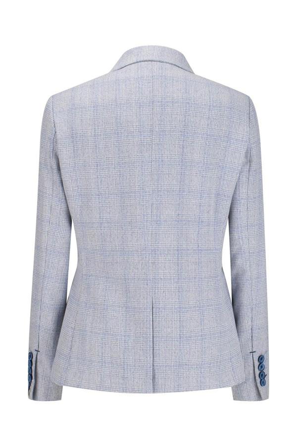 House of Cavani Womens Blue Check Blazer Wool Blend Herringbone Tweed